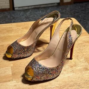 Christian Louboutin No Prive 120 Multicolor Coarse Glitter Sling 40.5